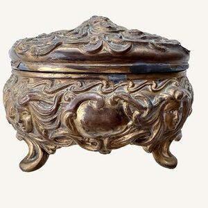 Antique Art Nouveau Gilt Metal Jewelry Casket Floral Footed Box
